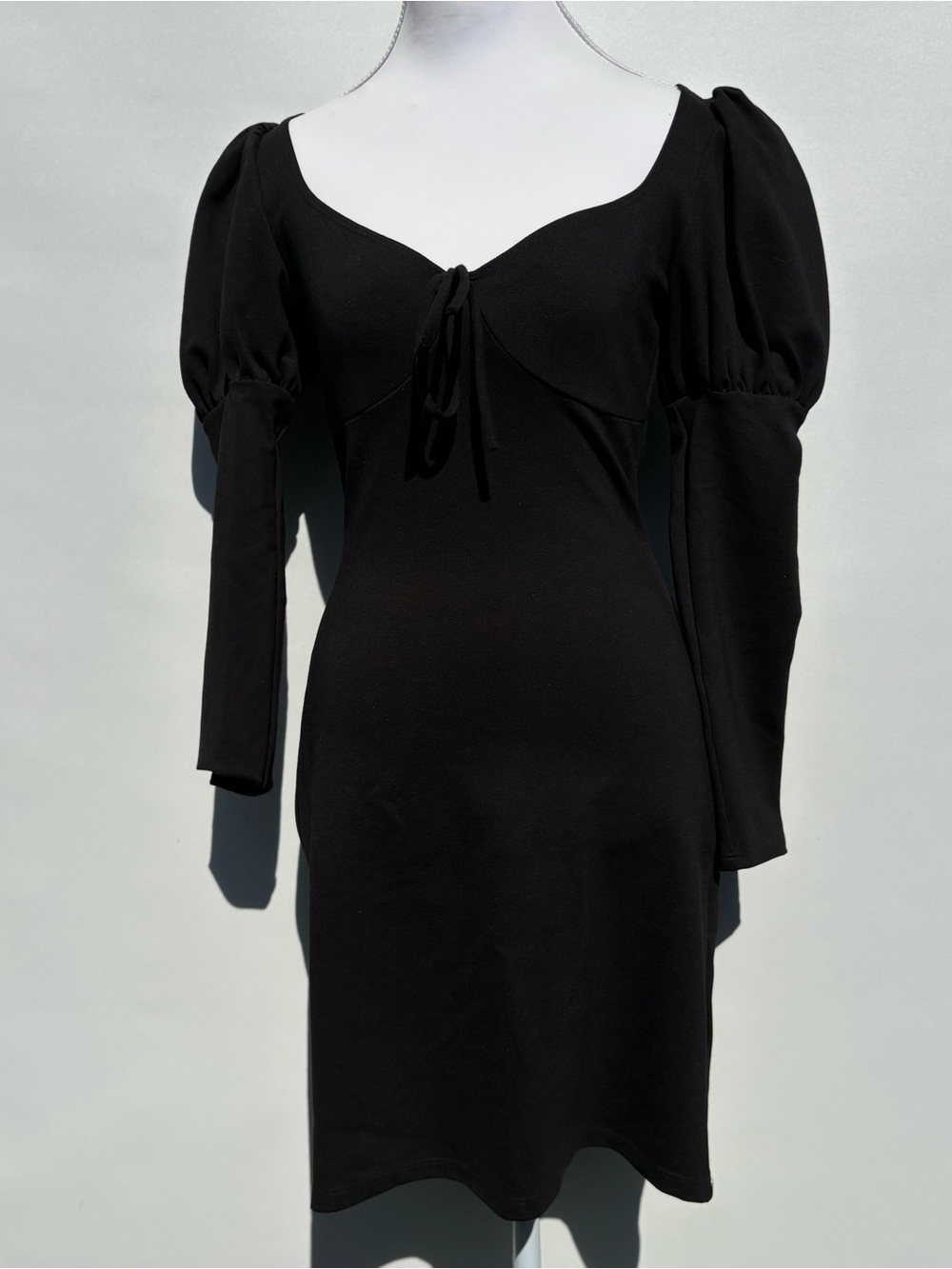 Reformation Black Long-Sleeve Puff Shoulder Tie-Front Dress